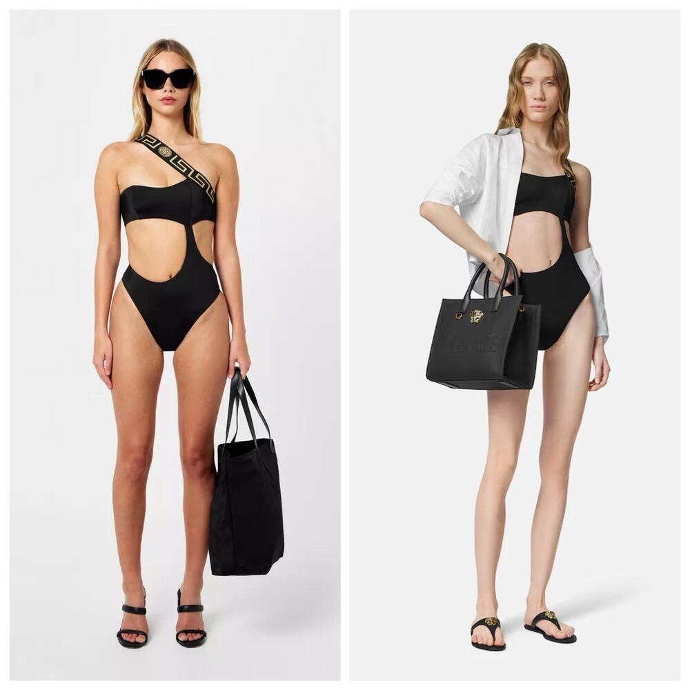 NWT Versace Swimsuit Size 1/ XS Greca Cross Strap Cut Out One Piece Black Gold